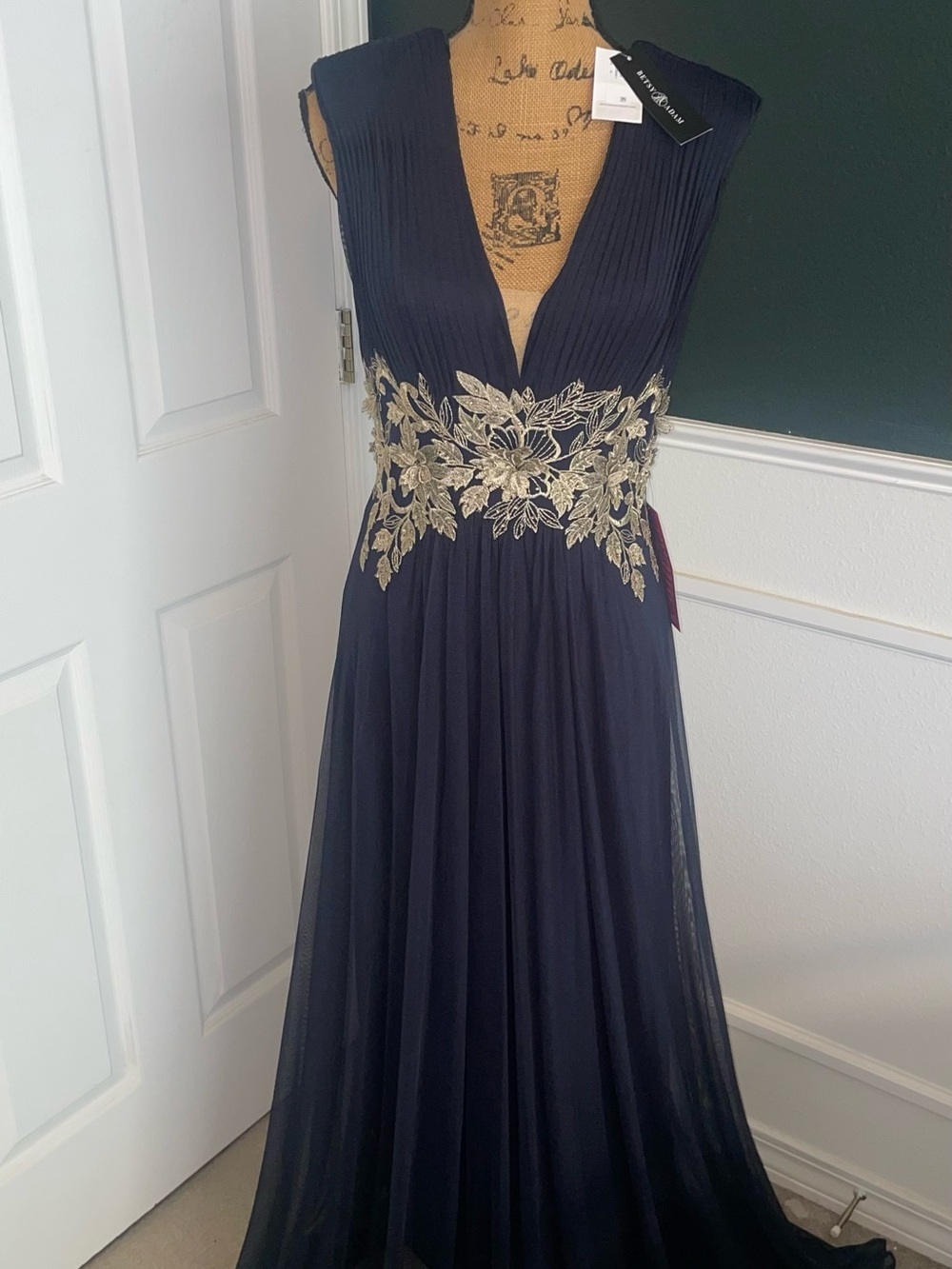 Betsy & Adam Navy Maxi Gown with Gold Floral Waist Appliqué